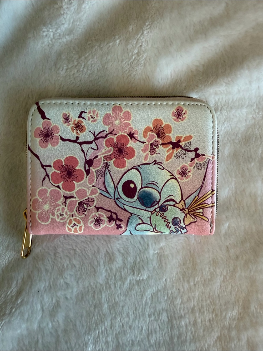 New Loungefly Disney Stitch Cherry Blossom Zip Wallet - Pink, Cream, Blue - Picture 2 of 4